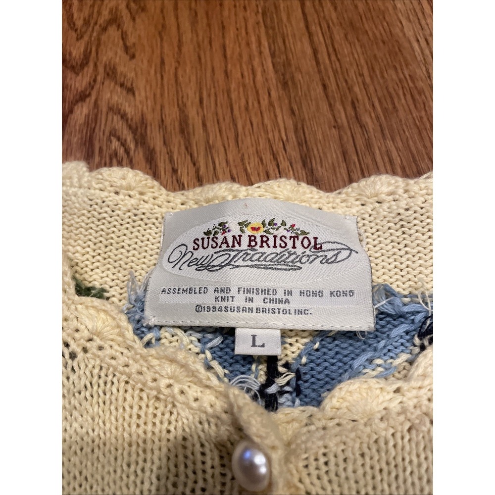 VIntage 90s Susan Brostol Women's Knit Cardigan Yellow Bows Size Large - Picture 3 of 8